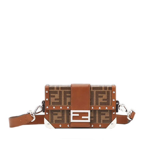 FENDI/芬迪 BAGUETTE TRUNK系列 男士迷你棕色老花印花布料皮革细节硬质斜挎单肩包7VA507A8V3F18AT