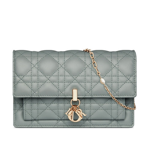 DIOR/迪奥 22新款LADY系列 女士灰色绗缝藤格纹小羊皮金扣金链手拿包钱包S0937ONMJ_M41G