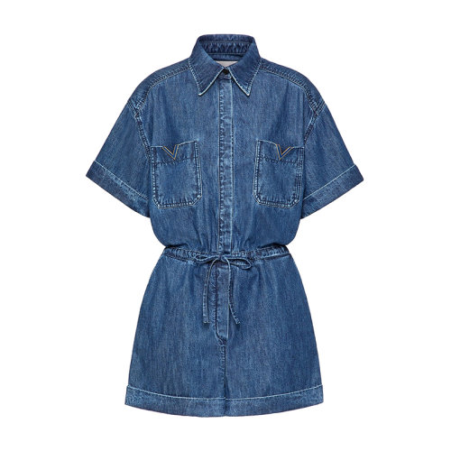 Valentino/华伦天奴 22年早春新款 CHAMBRAY系列 女士蓝色纯棉牛仔布连体裤XB3DH00D433558