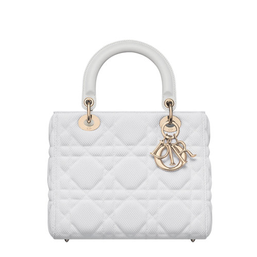 DIOR/迪奥 22春夏新款LADY D-LITE系列 女士中号白色科技面料藤格纹绗缝浅色金扣单肩斜跨戴妃包M0565OTID_M933