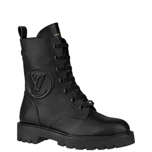 Louis Vuitton/路易威登 22年早春新款 TERRITORY系列 女士黑色小牛皮浸漆效果LV Circle压花马丁靴中筒靴1A94QK