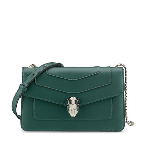 BVLGARI/宝格丽  Serpenti Forever系列 女士绿色皮质时尚蛇头扣环翻盖单肩包 283826