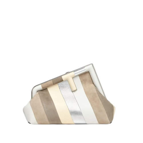 Fendi/芬迪 22年春夏新款 First系列女士小号小羊皮小牛皮F搭扣银色棕色相间手拿包8BP129AJSBF0KQ9