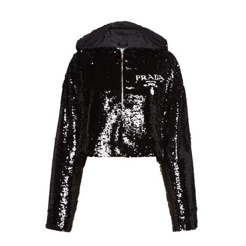 PRADA/普拉达 22年早春新款 女士黑色亮片雪纺尼龙连帽衫夹克P509MR_1Z5F_F0002_S_221