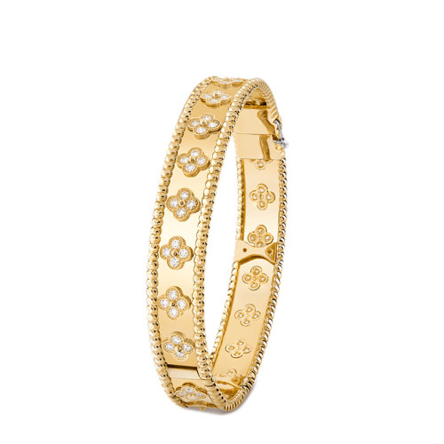 Van Cleef & Arpels/梵克雅宝 Perlée trèfles系列 18K金黄金三叶草图案镶嵌80颗钻石手镯VCARO3YB00