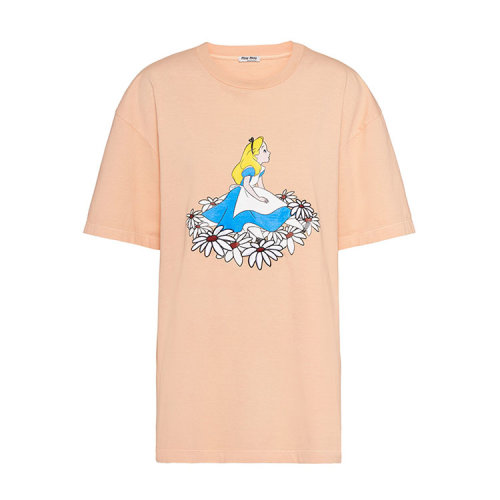 MiuMiu/缪缪 杏色 女士卡通图案印花短袖T恤 MJN195_1WHU_F0075