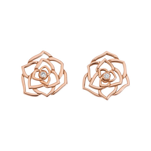 PIAGET/伯爵 经典款ROSE玫瑰系列 18K金玫瑰金镶钻优雅镂空玫瑰耳钉 G38U0069