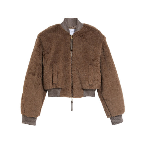 MaxMara/麦丝玛拉 22年秋冬新款 SATURNO系列 女士鸽灰色羊驼毛混纺泰迪飞行员夹克外套1086122606004