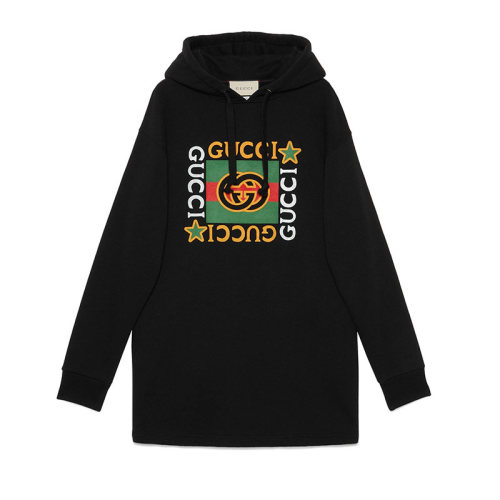 GUCCI/古驰 Gucci标识星星印花兜帽 黑色 女士长款卫衣 连衣裙 610144 XJB8V 1082