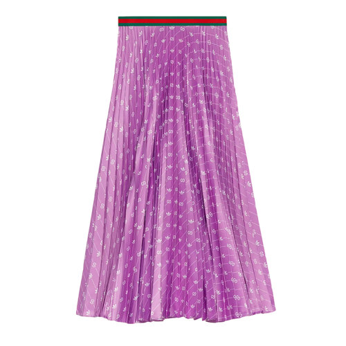 GUCCI/古驰 22年秋冬新款 adidas联名系列 女士紫色尼龙丝缎面料斜纹老花印花百褶裙半身裙?696770ZAJC09692