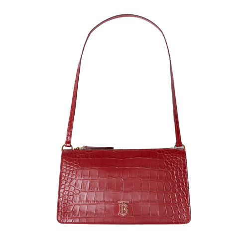BURBERRY/博柏利 22新款 女士深胭脂红色小牛皮鳄鱼纹压花TB字母组合拉链开合手拿包80606371