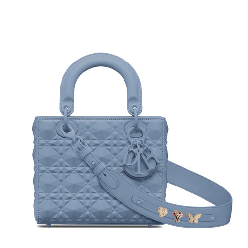 DIOR/迪奥 经典LADY DIOR系列 女士小号丹宁蓝色牛皮革钻石形图案藤格纹MY ABCDIOR单肩斜挎手提包（勋章款）M0538INEA_M90B