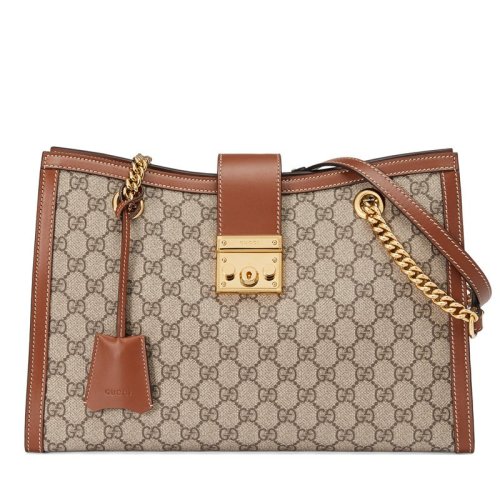 GUCCI/古驰 Padlock中号女士帆布拼牛皮链条单肩包（2色可选）?479197