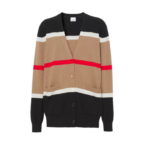 BURBERRY/博柏利 22年早春新款 女士驼色条纹设计羊绒混纺开衫80484241