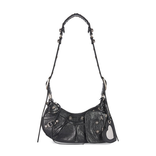 Balenciaga/巴黎世家  LE CAGOLE系列 女士XS号黑色小羊皮复古银色饰面单肩包6713091VG9Y1000