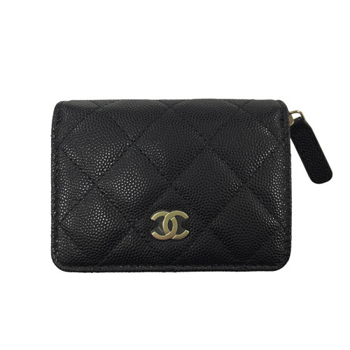 CHANEL/香奈儿 经典款 女士黑色鱼子酱牛皮复古金色双C多隔层钱包AP1958B09731C3906