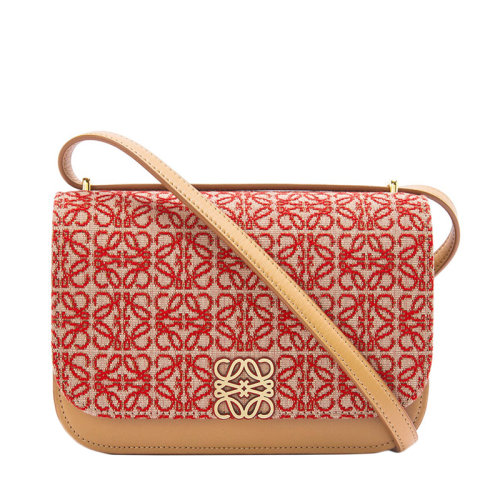 Loewe/罗意威 22春夏新款Goya系列 女士小号红色/暖沙色Anagram提花布和棕色牛皮革翻盖斜挎单肩包 0010687416