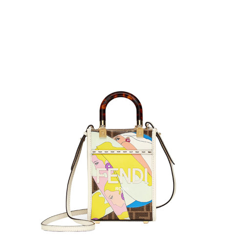 FENDI/芬迪 22春夏新款Sunshine系列 女士迷你棕色小牛皮双F老花白色皮革Hairdo印花滚边双手柄单肩包斜挎包8BS051AJH9F1HDV