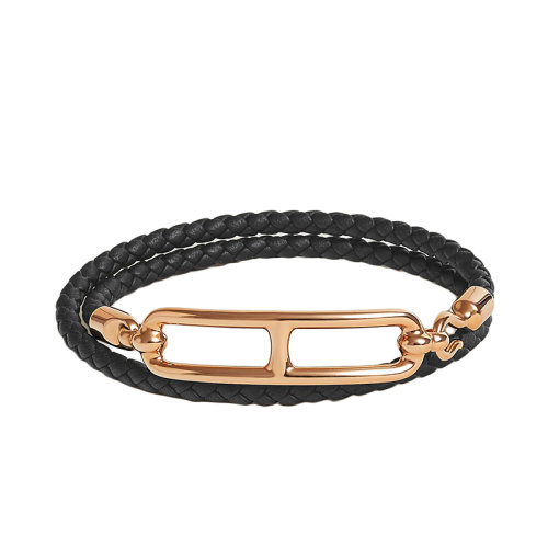 HERMES/爱马仕 22春夏新款Roulis系列 黑色小牛皮玫瑰金色猪鼻扣编织双圈手链H071727FO89