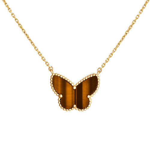 Van Cleef & Arpels/梵克雅宝 经典LuckyAlhambra系列 18K金黄金镶嵌虎眼石蝴蝶项链VCARD98500