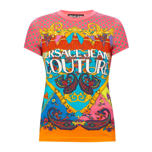 VERSACE JEANS/范思哲牛仔 女士拼色棉质经典字母徽标印花装饰圆领短袖上衣T恤 B2HZA7PH-30392-445