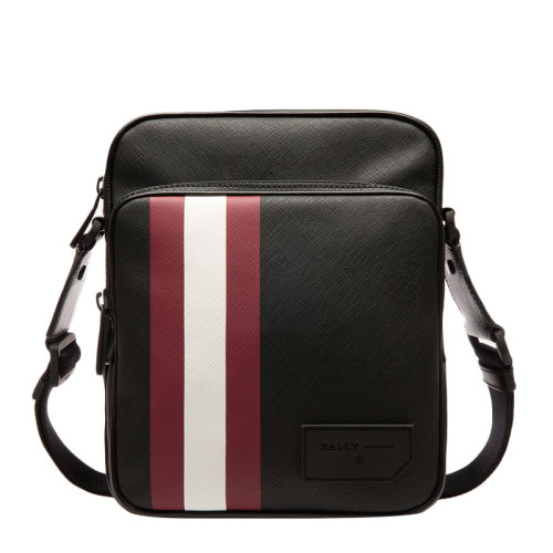 BALLY/巴利 男士黑色皮质条纹LOGO图案时尚单肩斜挎包/邮差包