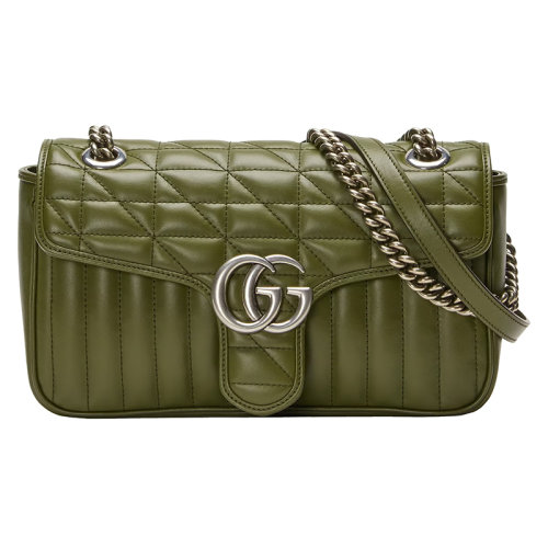 GUCCI/古驰 22新款Marmont系列 女士森林绿绗缝皮革双G银扣翻盖开合配链条肩带手提斜挎单肩包443497UM8AF3352