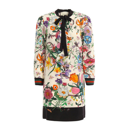 Gucci 古驰 新款女士花卉蛇形印花真丝连衣裙    170512