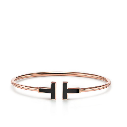 Tiffany & Co.蒂芙尼  Tiffany T Wire系列18k金玫瑰金黑色玛瑙T字手镯GRP11105