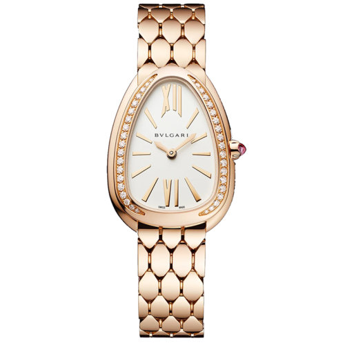 BVLGARI/宝格丽 带有18K金玫瑰金表壳手镯和金表圈镶有钻石和银白色乳白色表盘 SERPENTI SEDUTTORI石英手表 33毫米 103146