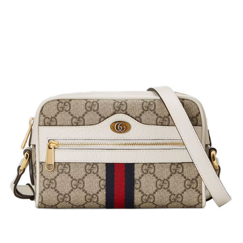 GUCCI/古驰 22春夏新款Ophidia系列 女士迷你米色/乌木色老花帆布白色皮革滚边红蓝织带细节金扣拉链开合斜跨单肩包51735096IWS9794