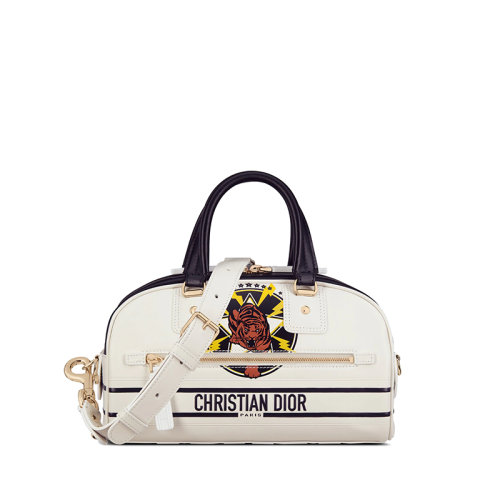 DIOR/迪奥 22新款DIOR VIBE系列 女士小号白色小牛皮动物印花标志对比肩背斜挎手提拉链包M6209OFOX_M56E