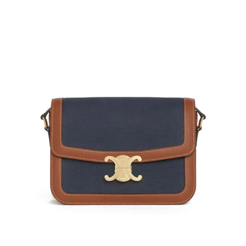 CELINE/赛琳    经典TRIOMPHE系列中号蓝色编织帆布滚边棕色小牛皮金扣单肩包191242CD3.07AT