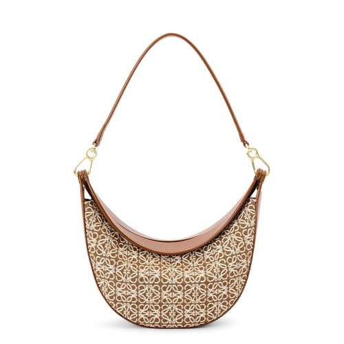  LOEWE/罗意威 22新款Luna系列 女士小号黄褐色/山核桃色老花织物皮革饰边半月形流浪包单肩手提腋下包A923PM1X02-2713