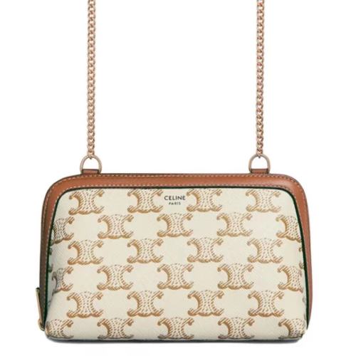CELINE/赛琳 新款女士白色凯旋印花涂层帆布黄褐色小羊皮饰边链条单肩斜挎手拿包 10E382CBX01TA
