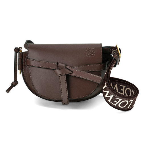 LOEWE/罗意威 22新款Gate Dual系列 女士迷你款巧克力色小牛皮提花织物肩带翻盖开合单肩斜挎包A650N46X13-3870