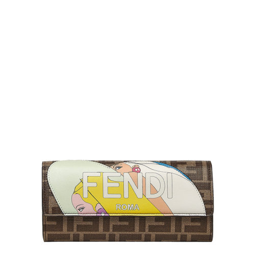 FENDI/芬迪 22春夏新款 女士老花棕色小牛皮烟草色调女孩插画双F徽标大容量欧陆式长款钱包8M0251AK5ZF1HB5