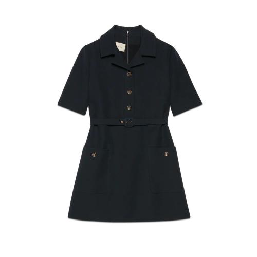  GUCCI古驰 22年秋冬 女士 卡迪绉绸真丝羊毛混纺连衣裙 657986 ZAD88 4440