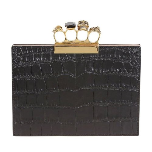 Alexander McQueen/亚历山大麦昆 女包 骷髅头 四环 女士黑色鳄鱼压纹手拿包 554149DZT0T1000
