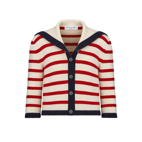 DIOR/迪奥 22年早春新款 女士红色/米白色羊毛和羊绒混纺条纹水手风针织开衫毛衣224G02AM309_X0853