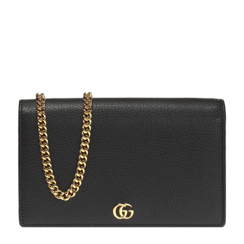 GUCCI/古驰 GG Marmont系列女士黑色牛皮荔枝纹金色双G徽标时尚woc链条包单肩包斜挎包女包 497985-CAO0G-1000