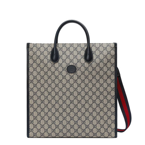 Gucci/古驰 22春夏新款 男士中号米色/蓝色提花帆布红蓝肩带老花手提肩背托特包 6741559C2VN4076