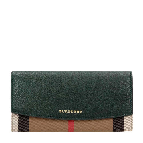 BURBERRY/博柏利 女士复古绿格纹Vintage棉拼皮革长款钱夹钱包 3930579