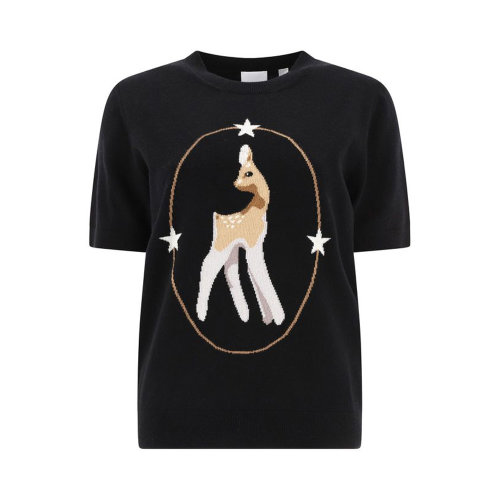 BURBERRY/博柏利 女士黑色羊毛小鹿图案装饰圆领T恤 8050613