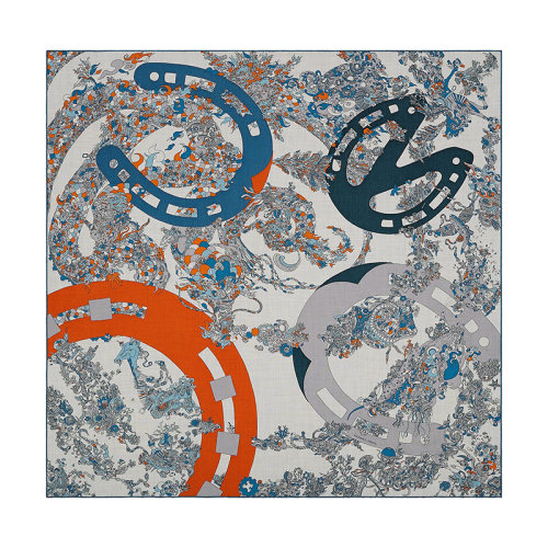 HERMES/爱马仕 22年早春新款 Carré H 100 Quatre Chevaux系列 男士拼色羊绒真丝混纺围巾H103807T04