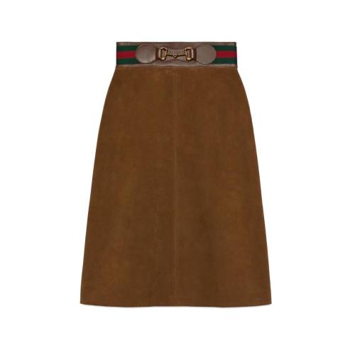  GUCCI古驰 22年秋冬 女士 饰织带和马衔扣麂皮半身裙 626888 XNAK3 2176