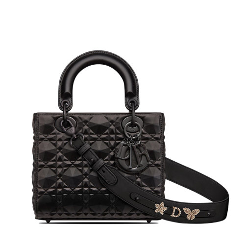 DIOR/迪奥 22新款LADY DIOR系列 女士小号黑色钻石形图案藤格纹牛皮革单肩斜挎手提戴妃包（勋章款）M0538SNEA_M900