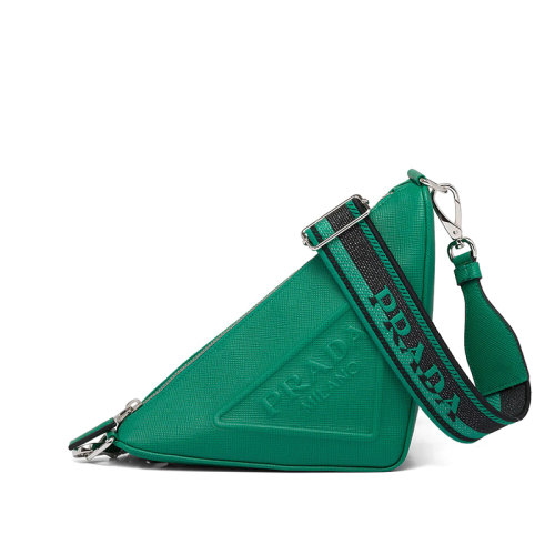 PRADA/普拉达 22年新款 男士绿色芒果色皮革编织黑色绿色肩带拉链可调徽标印花三角形斜挎单肩包2VH5_2FAD_F0458_V_OOO