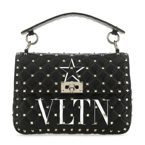 Valentino/华伦天奴  女包女士黑色皮革时尚百搭铆钉装饰品牌LOGO星星图案手提包  UW2B0122AYE NER