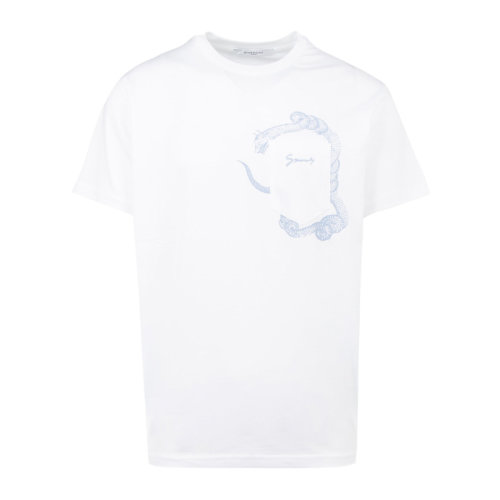 Givenchy/纪梵希 男士白色棉质经典字母徽标蛇纹印花装饰圆领短袖上衣T恤 BM70QE3002-100